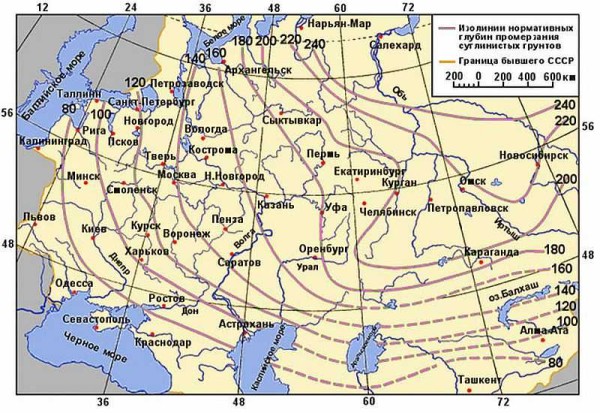 À partir de cette carte, vous pouvez déterminer approximativement le niveau de gel du sol dans la région
