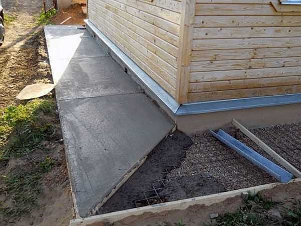 Zone aveugle en béton à faire soi-même. Pour compenser le changement de taille du béton en fonction de la température, des planches de bois sont posées