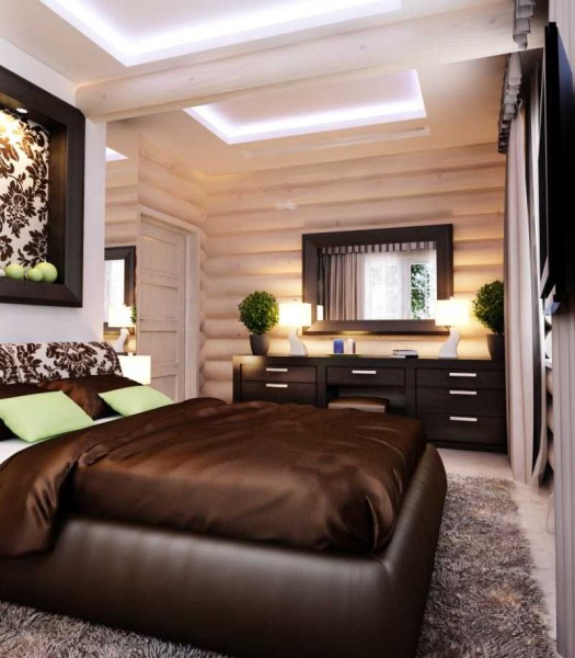 L'atmosphère à l'intérieur d'une maison en bois est complètement différente. Battre correctement les murs en bois, l'intérieur, complété par des textiles dans la chambre - c'est la base de cette variation.