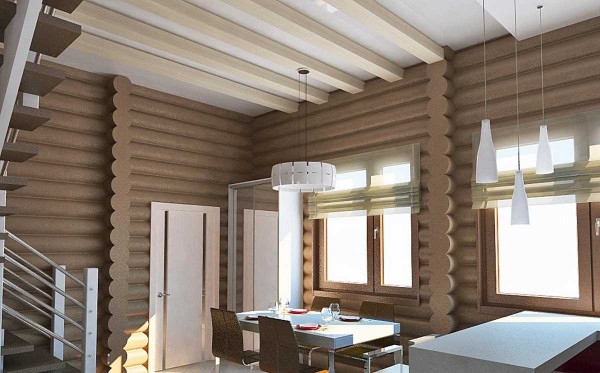 Décoration intérieure de la maison en rondins dans un style moderne.La combinaison de faisceaux lumineux avec une couleur de mur inhabituelle, une abondance de lumière - un résultat intéressant