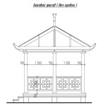 Vue de côté . Le garde-corps (garde-corps) mesure 740 mm de haut, surélevé à 150 mm au-dessus du niveau du sol. La hauteur de la balustrade dans le gazebo est de 890 mm