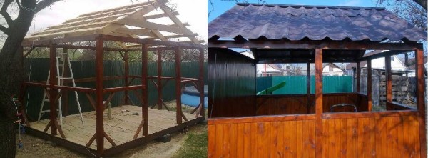 Étapes finales de la construction. Le gazebo de bricolage est prêt