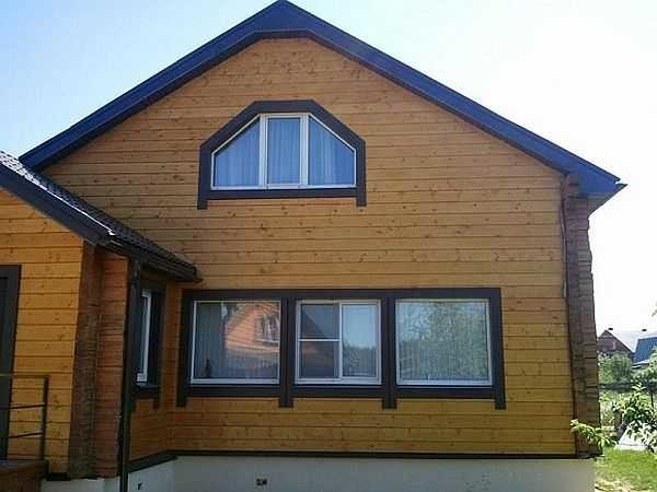 Il s'agit d'une maison gainée de faux bois. Sous le revêtement, il peut y avoir une brique, une maison en rondins, une charpente ou l'un des blocs de construction