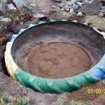 Le pneu taillé est installé dans un trou creusé, un peu de terre est versée à l'intérieur, nivelant le fond