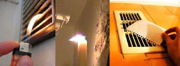 L'efficacité de la ventilation dans la salle de bain et les toilettes est vérifiée avec une flamme ou un morceau de papier
