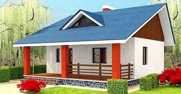 Petite maison de campagne avec un étage mansardé et une véranda le long de la façade