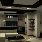 Le zonage de la cuisine et du salon avec différents matériaux de finition pour le plafond et le sol est la technique la plus courante