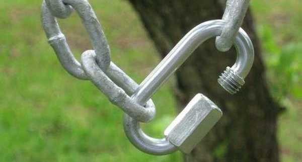 Comment le support est assemblé à partir des chaînes pour la balançoire. Ensuite, ce mousqueton est vissé dans l'écrou à œil et la bague de sécurité est tordue