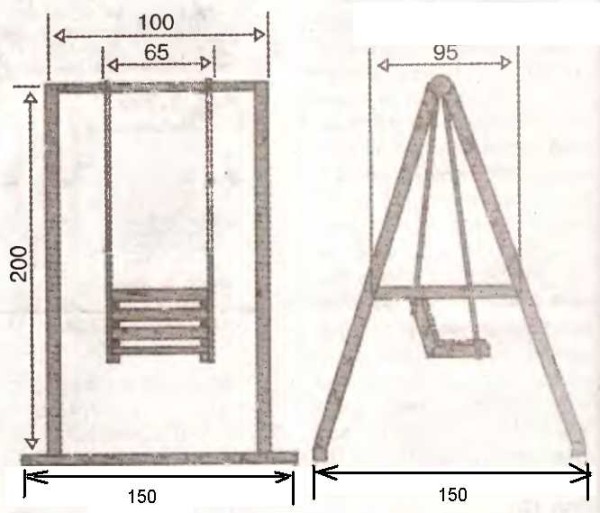 Les dimensions approximatives de la balançoire pour enfants. La hauteur, bien sûr, peut être inférieure