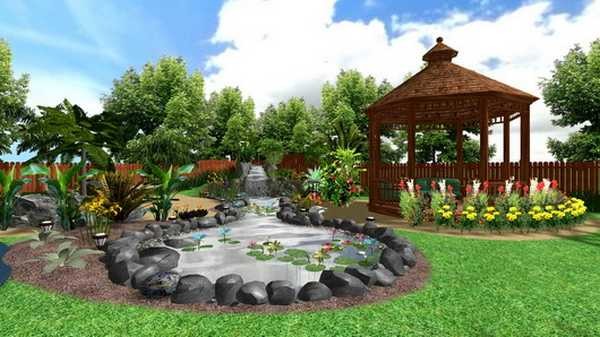 Un gazebo et un étang sont les moyens préférés et les plus brillants de décorer un chalet d'été ou une banlieue