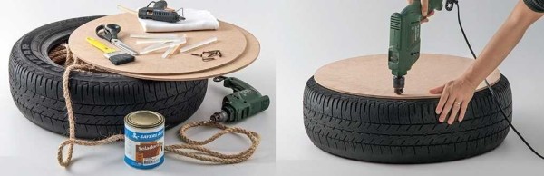 Un pouf ou une table d'un vieux pneu