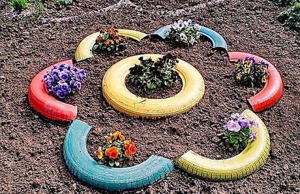 Parterre de fleurs-camomille de pneus