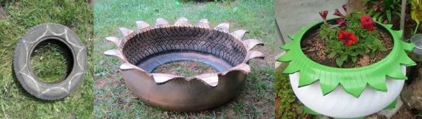 Le processus de transformation d'un vieux pneu en jardin fleuri