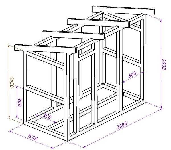 Remise avec un toit en pente - dessin avec la disposition des racks