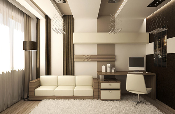 Le design classique d'un appartement d'une pièce permet également une telle astuce.