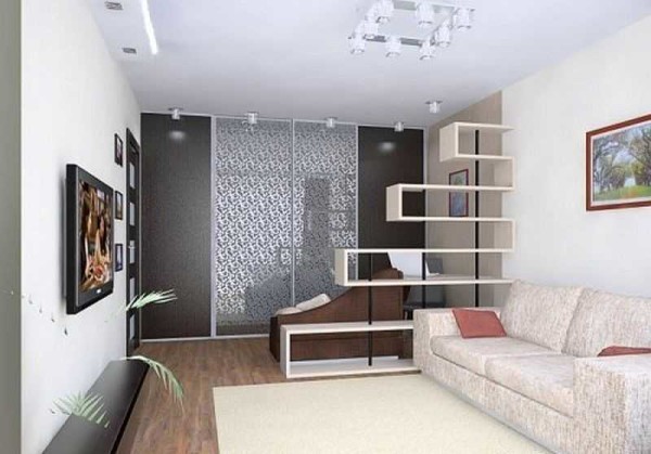Lors de l'élaboration de la conception d'un appartement d'une pièce, ils essaient d'utiliser un minimum de meubles et d'accessoires.