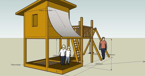 Aire de jeux avec une maison sur pieds hauts - dessin coté