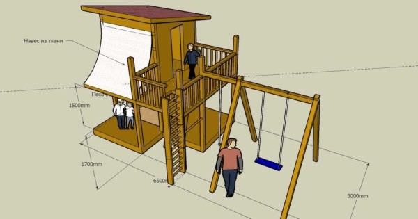 Aire de jeux avec une maison sur pieds hauts - dessin coté