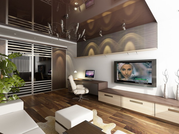 Conception d'un appartement d'une pièce aux couleurs beige et marron. Un plafond bien fait, vide et de couleur sombre, rend visuellement la pièce spacieuse