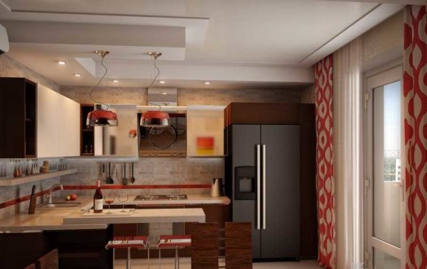 Les motifs qui étaient sur les murs du couloir se trouvent également dans la cuisine, mais ils ont été transférés sur les rideaux dans une couleur complètement différente