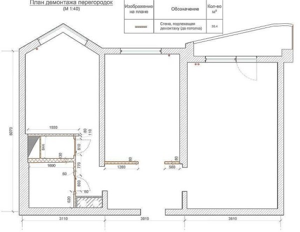 Plan de modification pour un appartement de deux pièces - suppression des cloisons inutiles