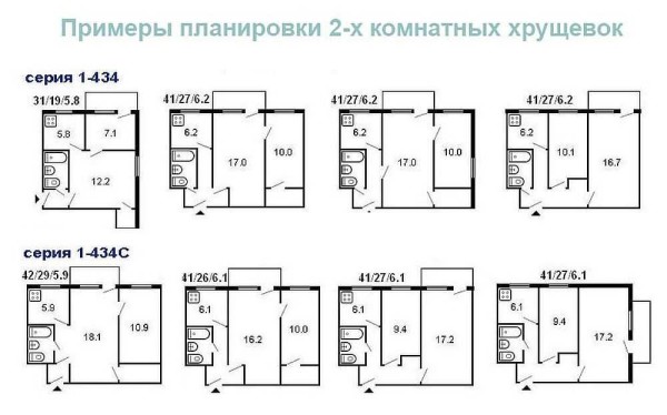 Options de disposition pour les maisons Khrouchtchev à deux pièces de différentes séries