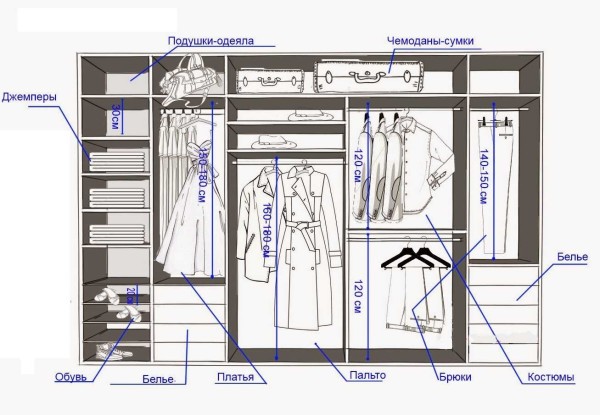 Un exemple d'organisation de l'espace dans le vestiaire (indiquant les tailles minimales pour différents types de vêtements)