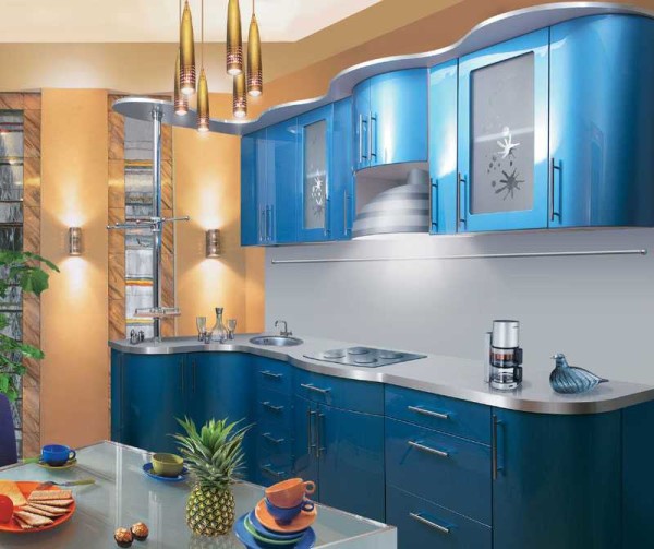 Ensemble de cuisine en MDF peint de couleur bleu métallisé