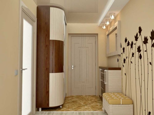 Forme inhabituelle du meuble, tons doux de beige et de marron. Le design intérieur du couloir est doux et calme