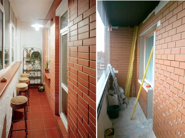 Les carreaux en forme de brique pour une brique ont un aspect décoratif sur le balcon, surtout s'ils sont habilement battus dans leur conception