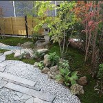 Assiettes, pierres, gravats, plantes - tout cela dans le contexte de la pelouse