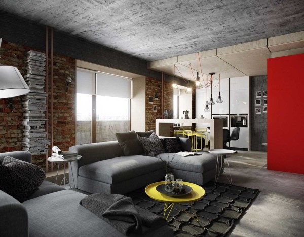 Salon de style loft - meubles au milieu de la pièce