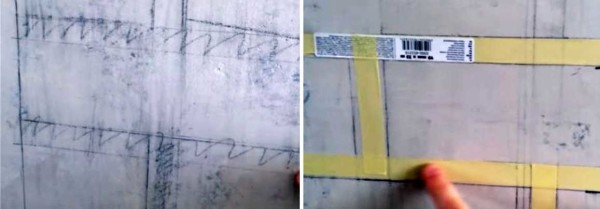 Nous dessinons d'abord des briques, puis nous collons du ruban adhésif sur les coutures