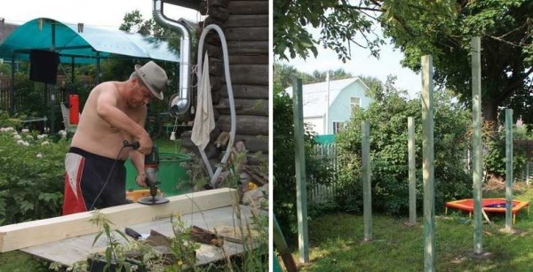 Nous préparons les piliers, imprégnons, installons et bétonnons
