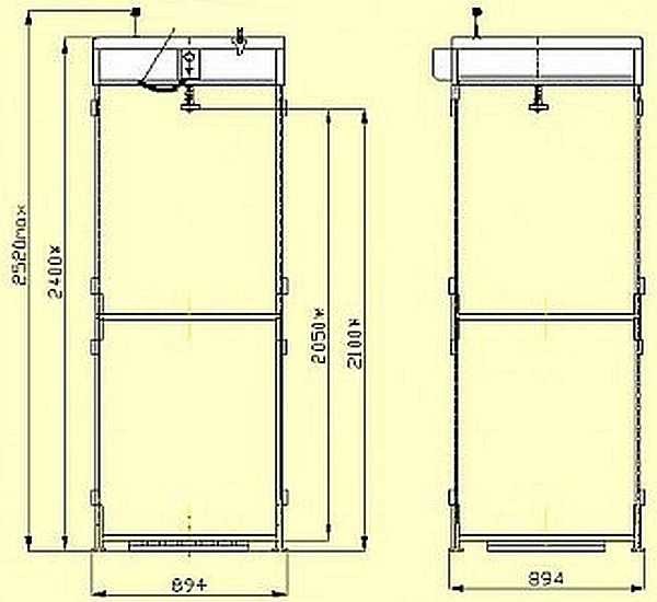 Dessin d'une cabine de douche dans le pays (avec des dimensions minimales)