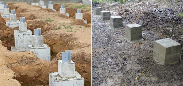 Deux types de fondations en colonnes en matériaux différents, pour des bâtiments de poids différents