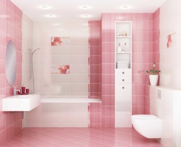 Finition blanche et rose de la salle de bain
