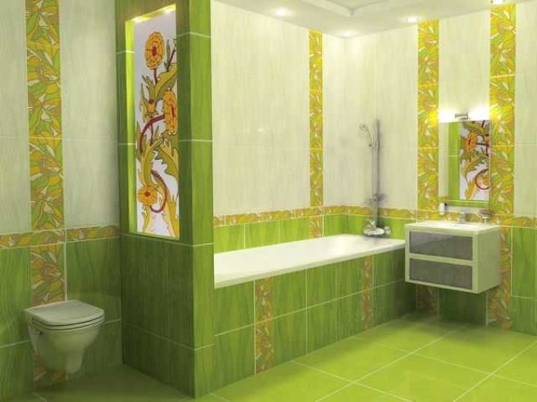 La baignoire est séparée par une cloison en verre à motifs
