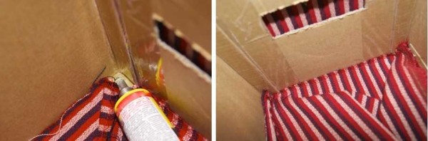 Nous collons le tissu le long des bords de la boîte