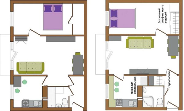 Dans cette version de la réparation d'un appartement de petite taille, non seulement les portes ont été déplacées, mais aussi les cloisons et la salle de bain ont été combinées