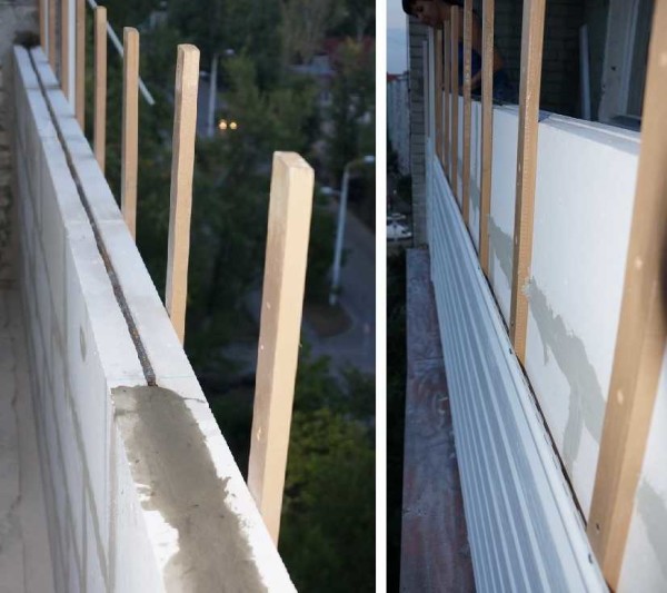 La cloison du balcon est faite de blocs de béton cellulaire. Le renfort est visible (sur la photo de gauche). En parallèle, des planches de bois étaient montées à l'extérieur, sur lesquelles le treuil était attaché