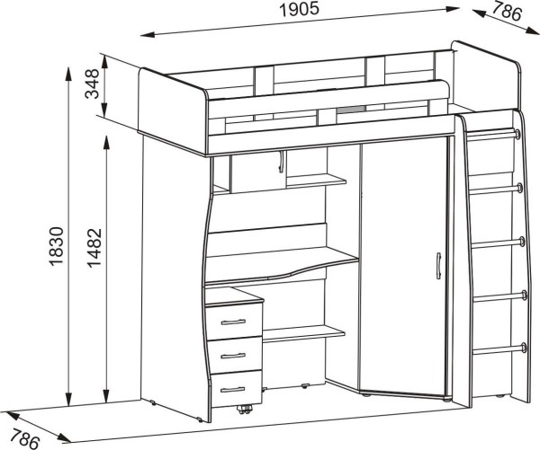 Plan directeur: lit mezzanine pour adolescent avec une armoire et un lieu de travail