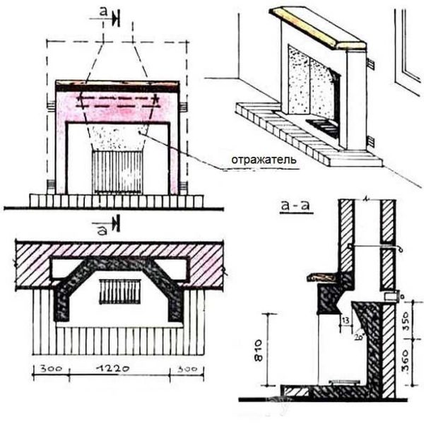 Dessin d'une cheminée anglaise classique avec dimensions