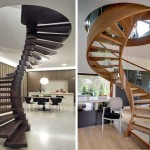 Avec ou sans garde-corps, vous avez le choix. Sur la photo de droite, un escalier en colimaçon en bois sur un limon courbe est un élément difficile à exécuter.