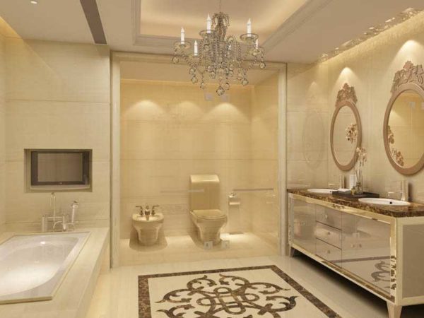 Intérieur de salle de bain chic avec grès cérame poli