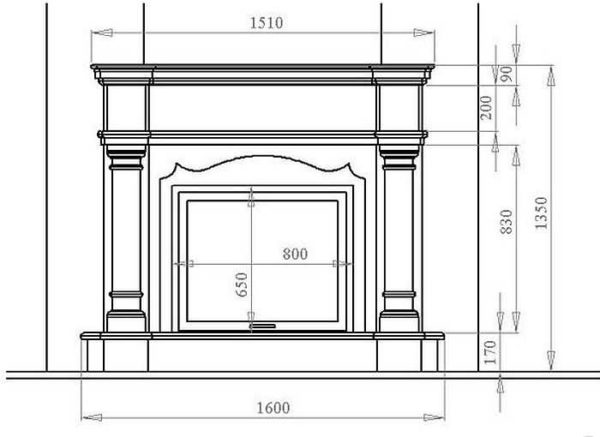 Dessin d'une cheminée décorative avec dimensions