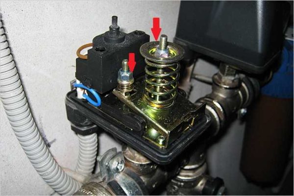 Le pressostat d'eau est réglé à l'aide de ressorts