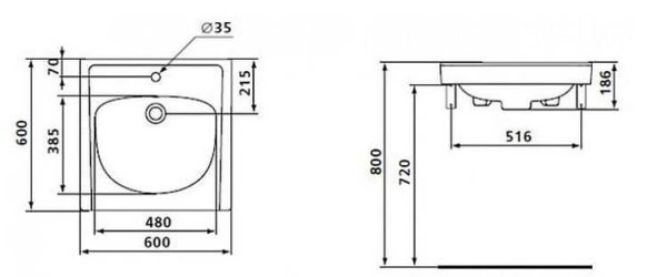 Dessin coté de l'évier pour l'installation au-dessus de la machine à laver