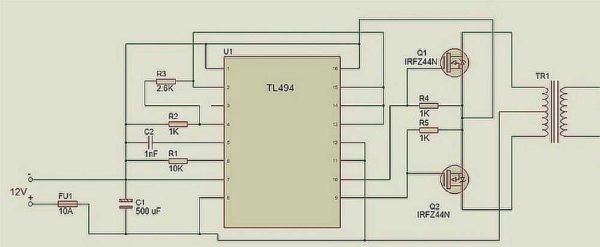 Convertisseur de tension 12 220 V: circuit convertisseur basé sur un contrôleur PWM