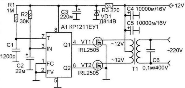 Circuit convertisseur élévateur de tension 12-220 V